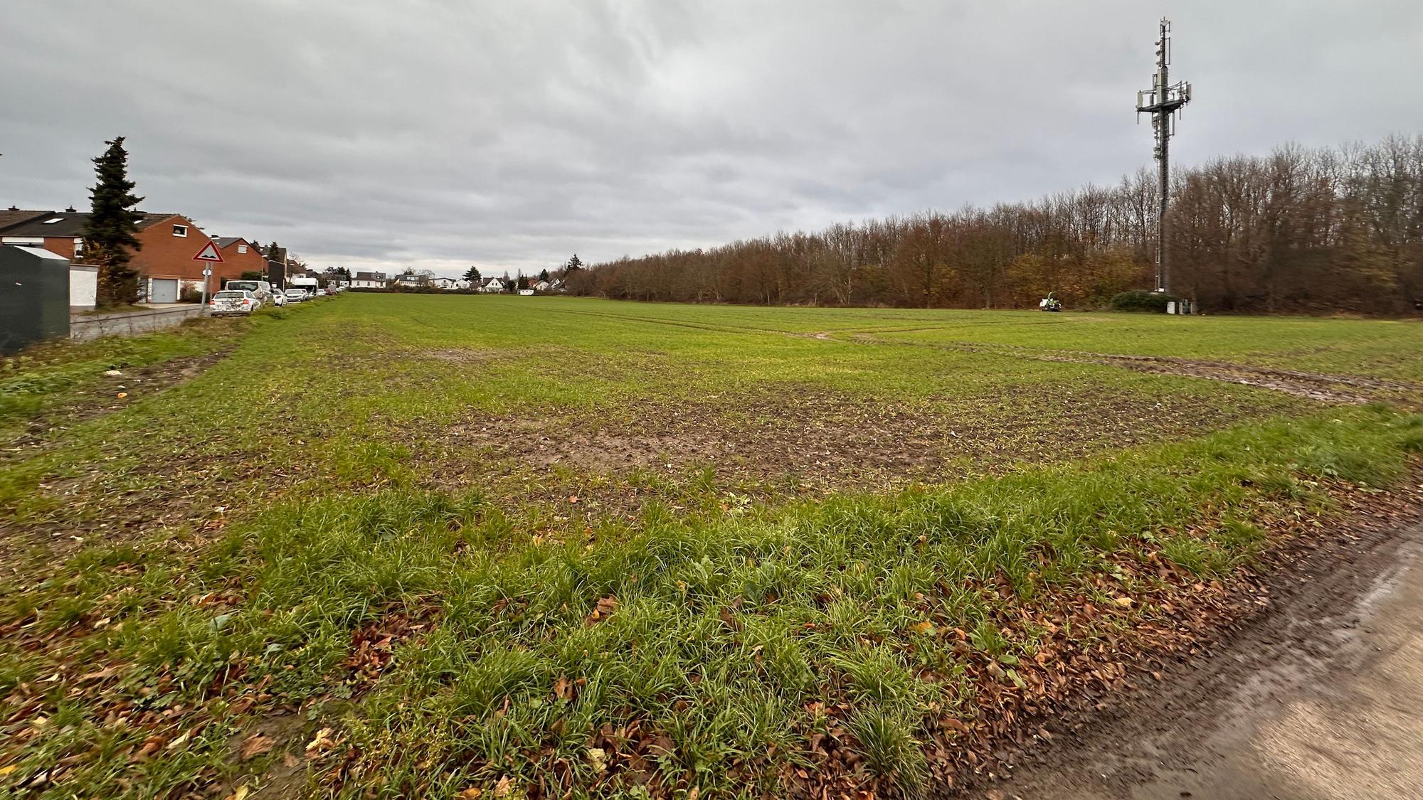 Blick auf ein Feld, links davon sind Häuser zu sehen, hinter einer Baumreihe liegt die Autobahn 555.