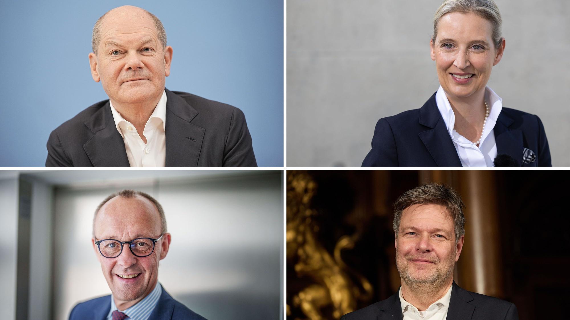 Bundeskanzler Olaf Scholz, Alice Weidel (AfD), Bundesparteivorsitzende, Friedrich Merz, CDU-Bundesvorsitzender und CDU/CSU-Fraktionsvorsitzender im Bundestag, und Robert Habeck (Bündnis 90/Die Grünen), Bundeswirtschaftsminister und Vizekanzler.