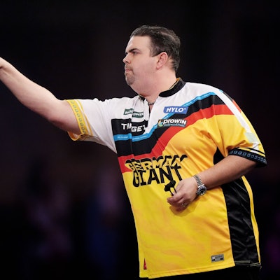 Gabriel Clemens in Aktion am fünften Tag der Paddy Power World Darts Championship im Alexandra Palace.