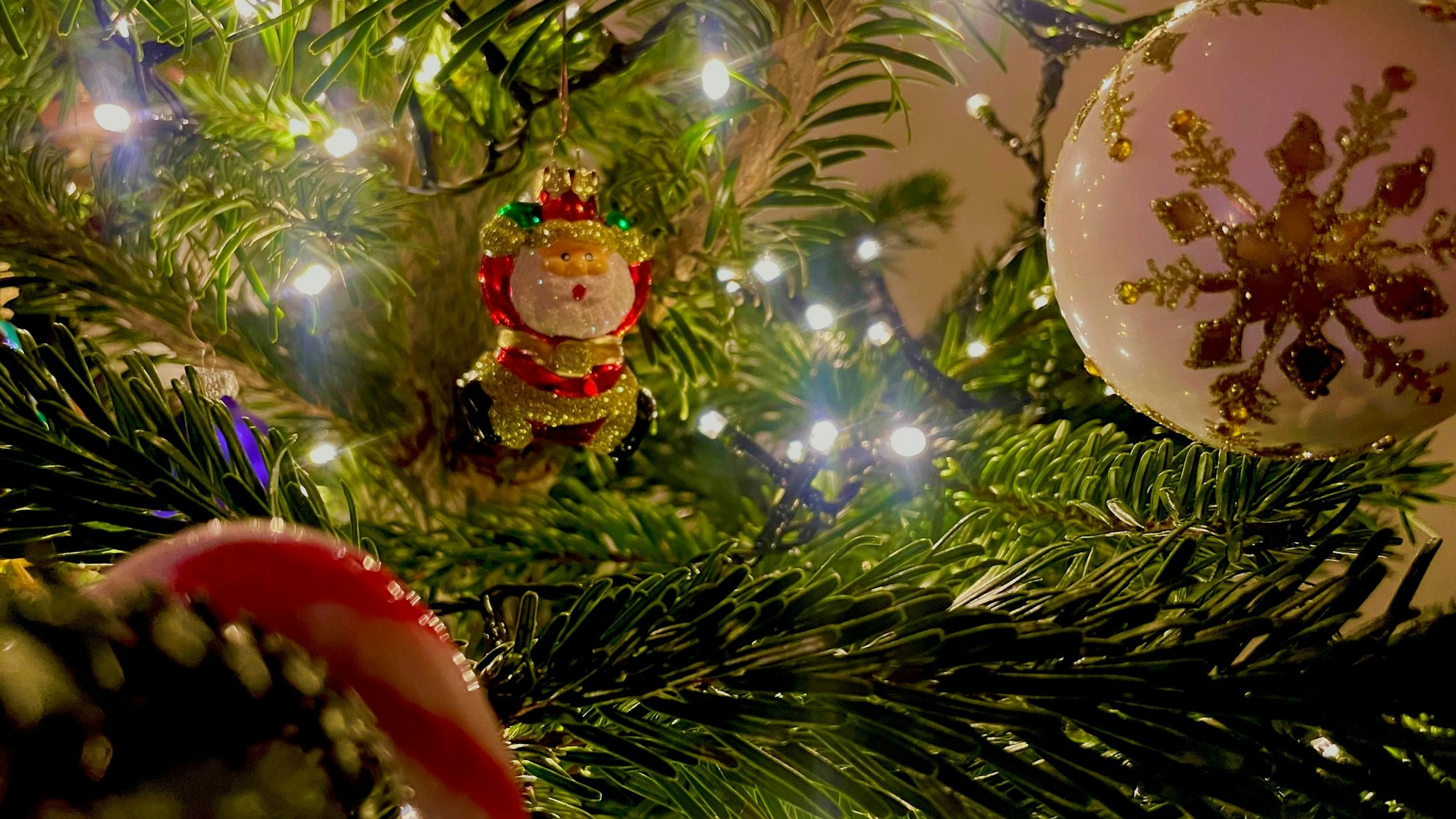 Eine kleine Weihnachtsmann-Figur hängt in einem Weihnachtsbaum.