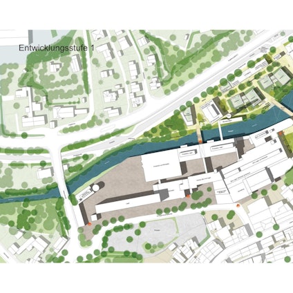 Die Grafik zeigt das Radium-Betriebsgelände von oben, am nördlichen Ufer soll ein neues Quartier entstehen.