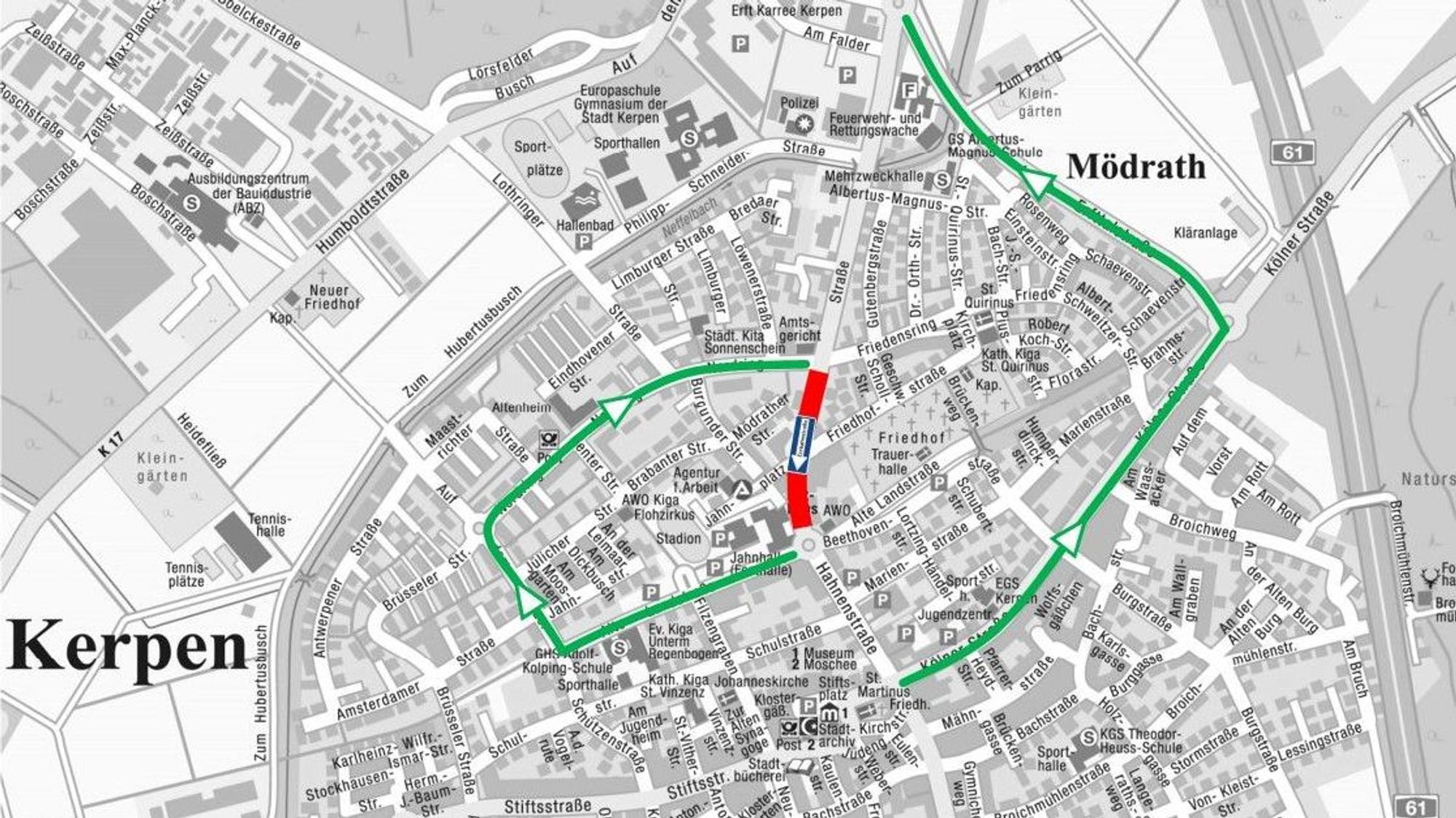 Zu sehen ist eine Stadtkarte von Kerpen, auf der eine Umleitungsstrecke eingezeichnet wurde.