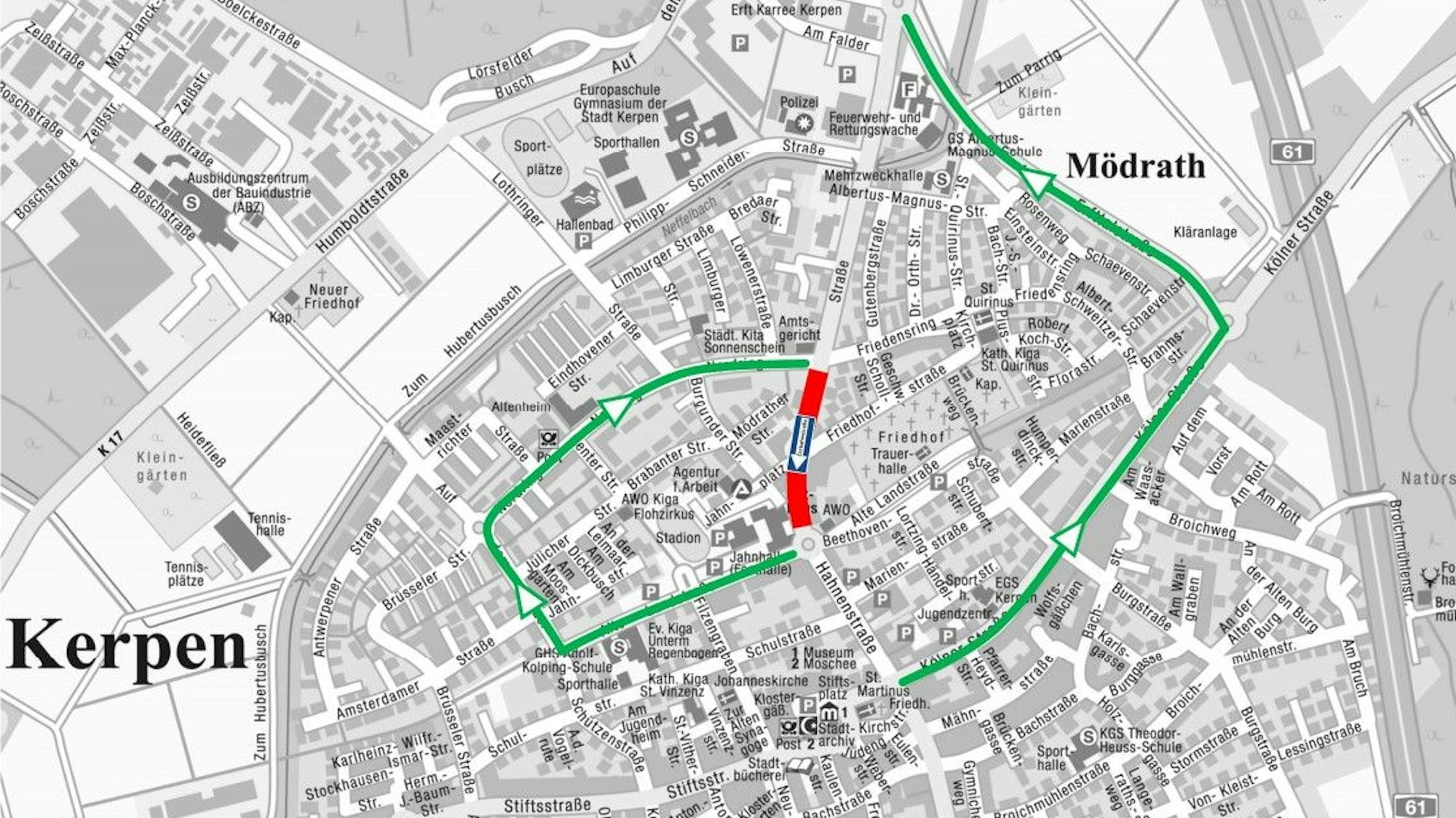 Zu sehen ist eine Stadtkarte von Kerpen, auf der eine Umleitungsstrecke eingezeichnet wurde.