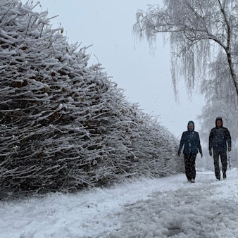 Zwei Spaziergänger im Schnee.