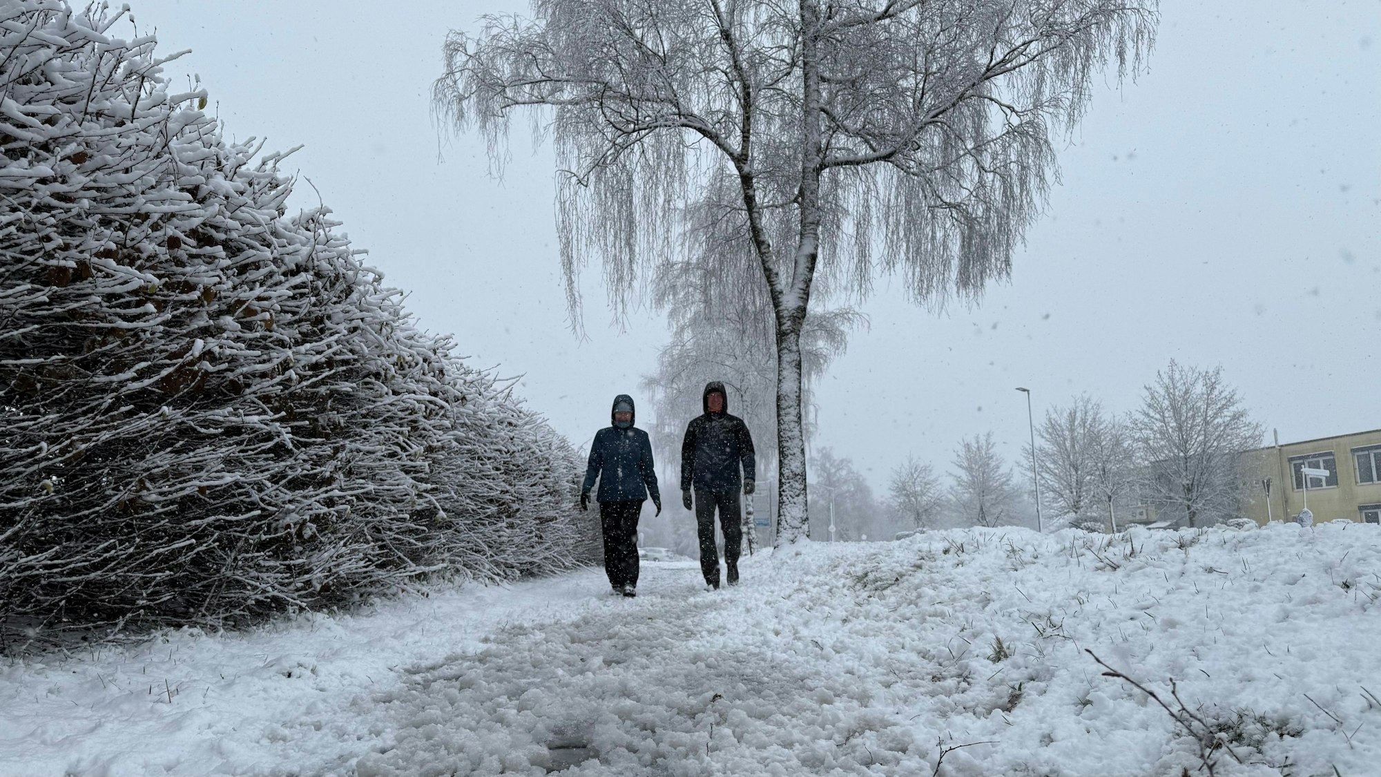 Zwei Spaziergänger im Schnee.