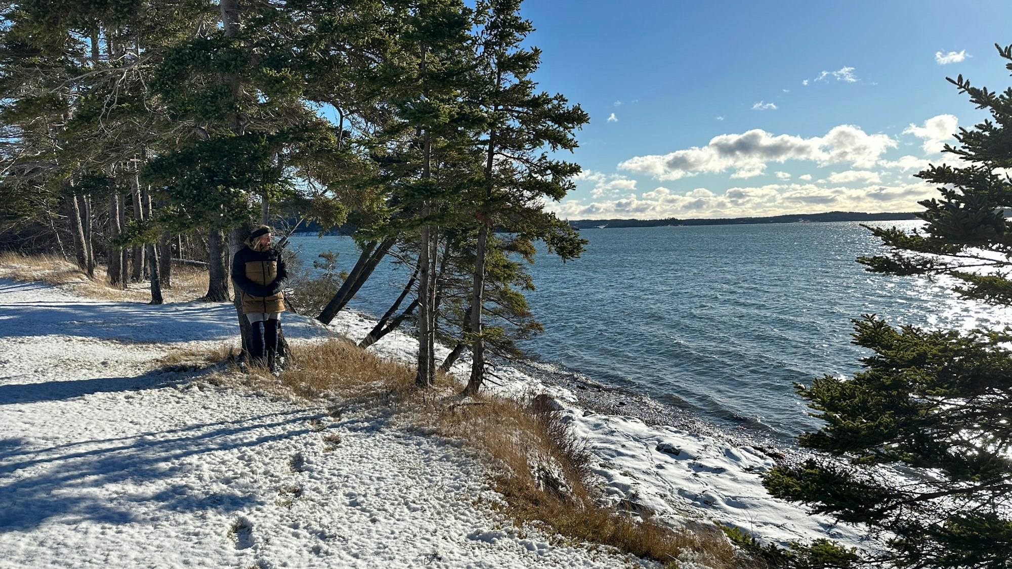 Eine Frau blickt vom verschneiten Ufer aus auf einen großen See.