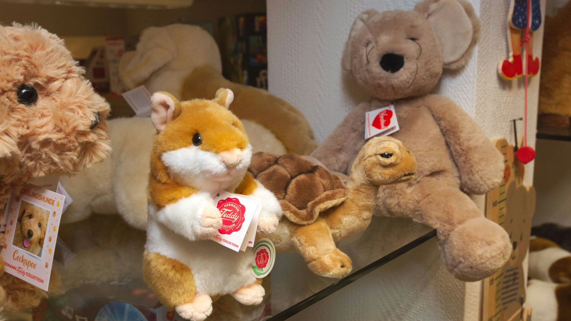 Mehrere Plüschtiere im Regal eines Spielzeugladens.