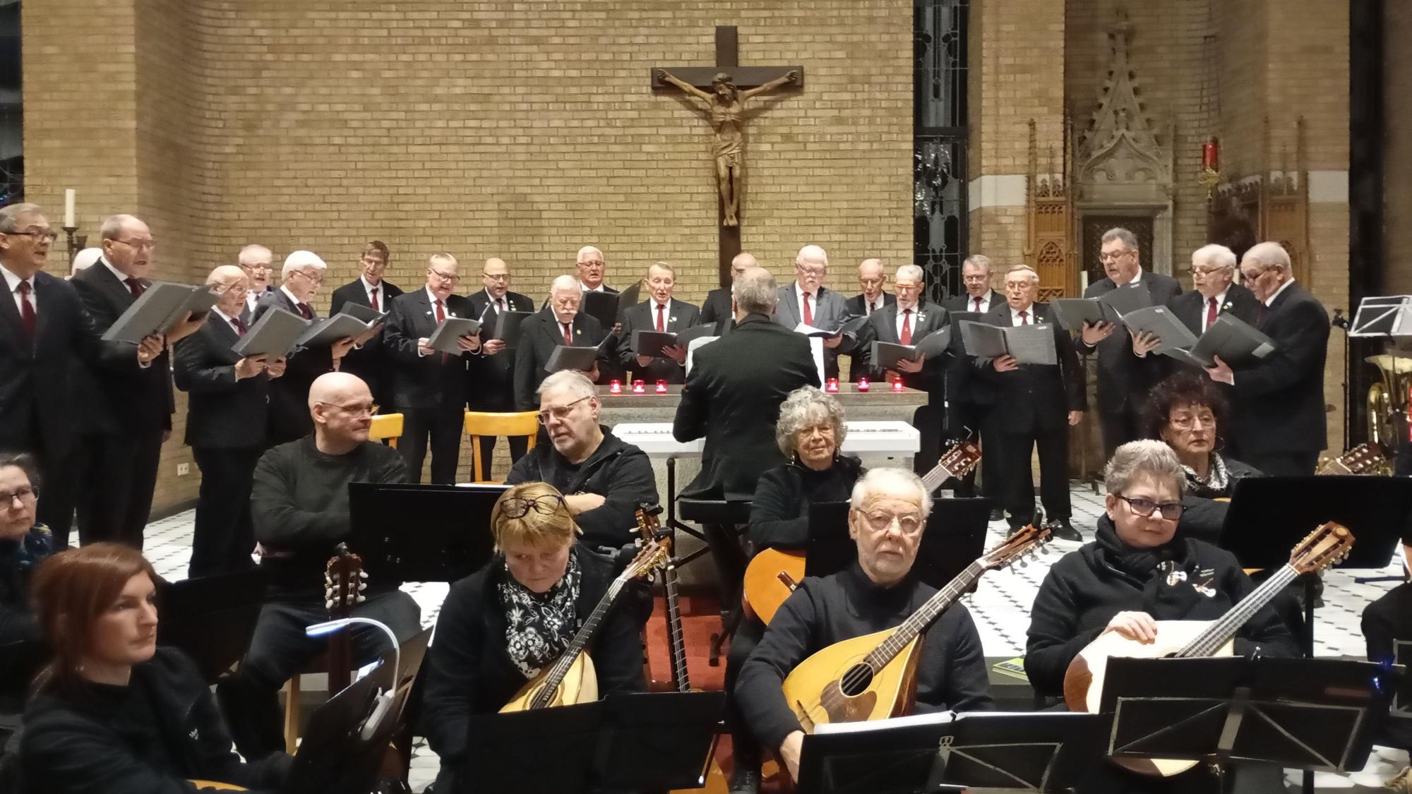 Auf dem Bild ist das Mandolinenorchester zu sehen, die Musiker sitzen und tragen schwarze Kleidung. Hinter ihnen steht der Männerchor in einem Halbkreis.