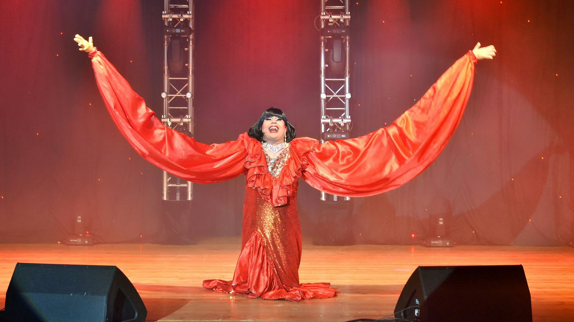 Das Bild zeigt einen Moment in der Show. Eine Künstlerin steht mit überdimensional ausgebreiteten Armen auf der Bühne.