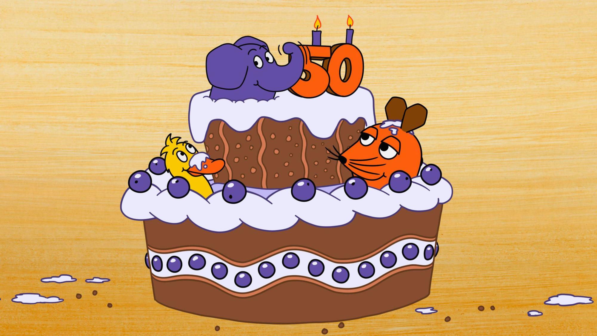 HANDOUT - 27.12.2024, ---: Der kleine Elefant, die Maus und die Ente sitzen auf einer Torte. Am 5. Januar 2025 feiert der Elefant seinen 50. Geburtstag. (zu dpa: «Die blaue Eminenz im Schatten der Maus: Der Elefant wird 50») Foto: Friedrich Streich/Trickstudio Lutterbeck WDR/dpa - ACHTUNG: Nur zur redaktionellen Verwendung im Zusammenhang mit der aktuellen Berichterstattung und nur mit vollständiger Nennung des vorstehenden Credits +++ dpa-Bildfunk +++