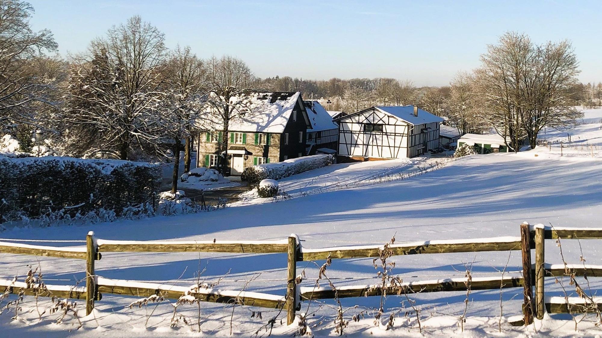Blick auf einen schneebedeckten Hof