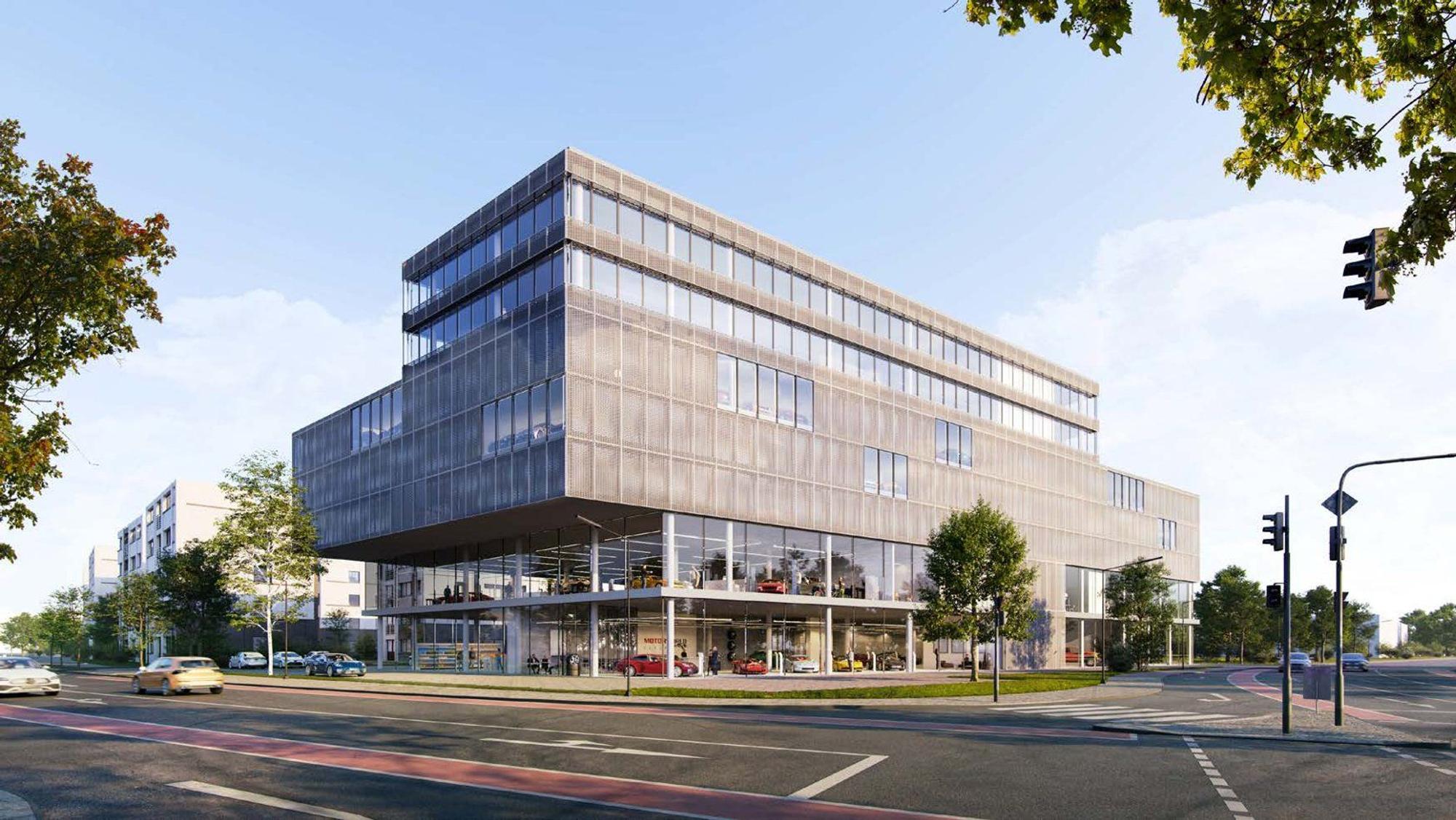 Visualisierung des Erweiterungsbau im Gewerbe- und Medienpark Köln-Ossendorf, gegenüber der Motorworld.