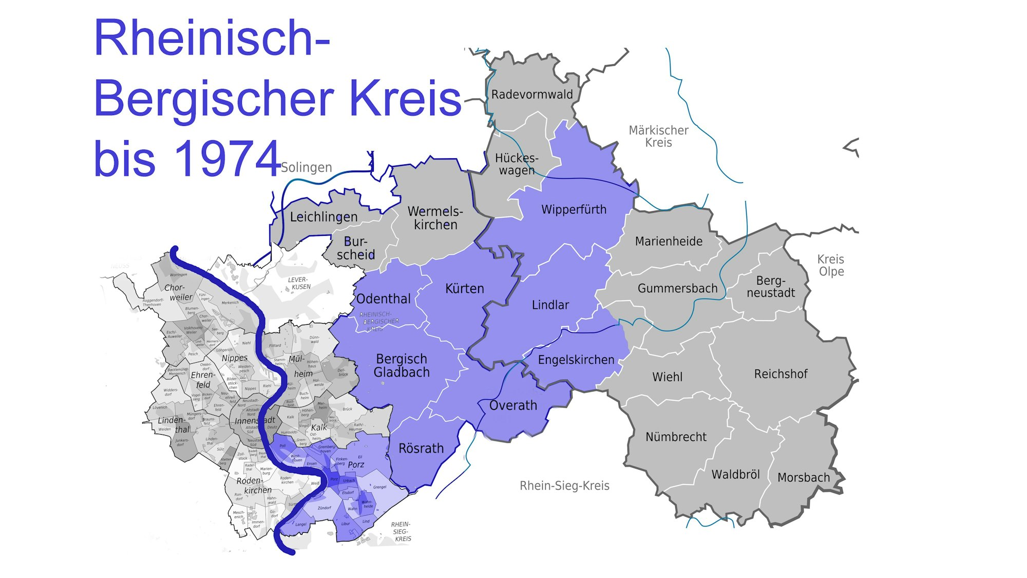 Eine Karte zeigt die Grenzen des Rheinisch-Bergischen Kreises vor 1975.