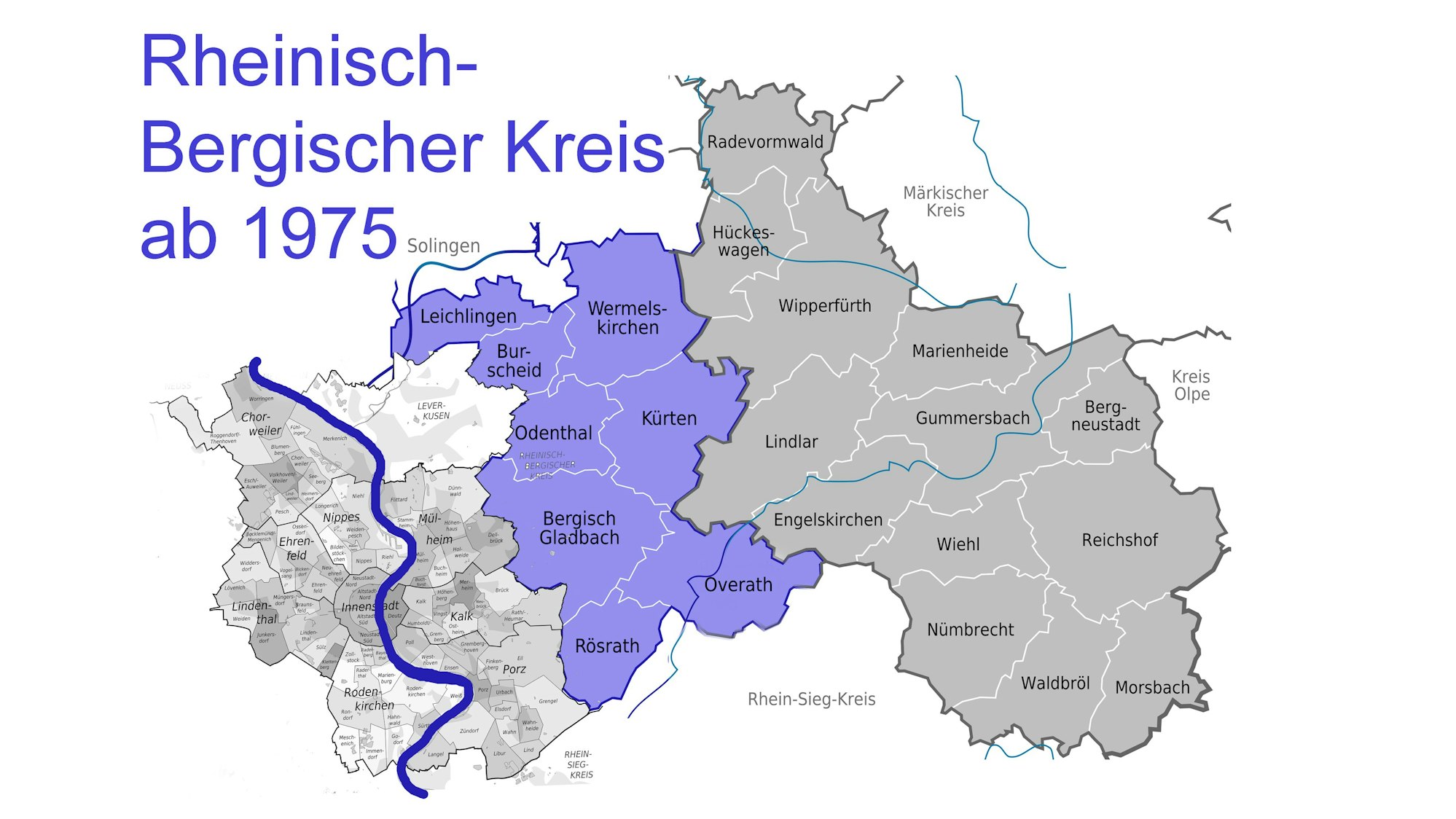 Eine Karte zeigt die Grenzen des Rheinisch-Bergischen Kreises seit 1975.
