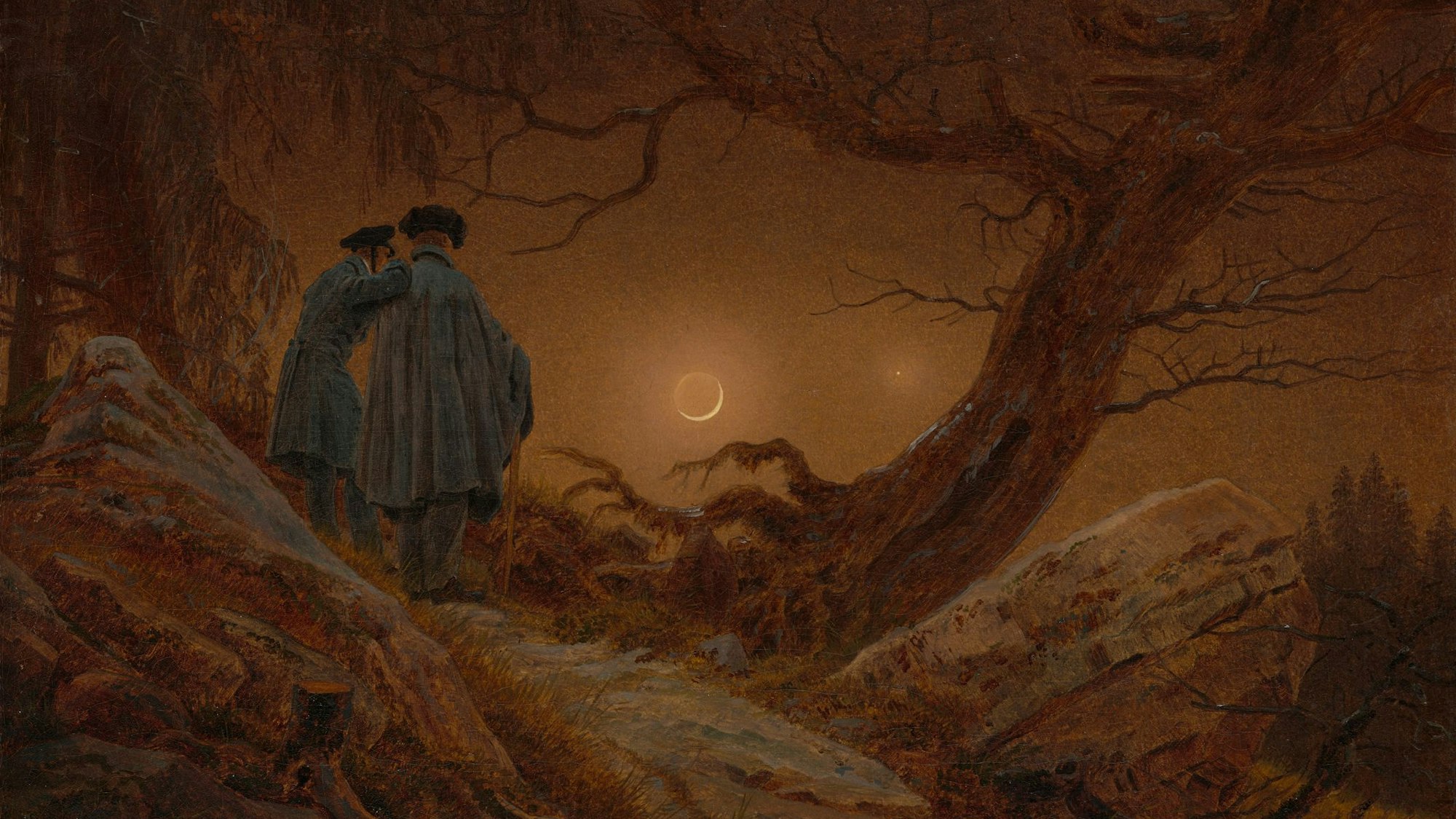 Caspar David Friedrich
Zwei Männer in Betrachtung des Mondes. 1819/20
Öl auf Leinwand, 33 x 44,5 cm
Albertinum | GNM, Gal.-Nr. 2194
Verwendung nur mit Genehmigung und Quellenangabe
Zur Ausstellung CDF. Wo alles begann