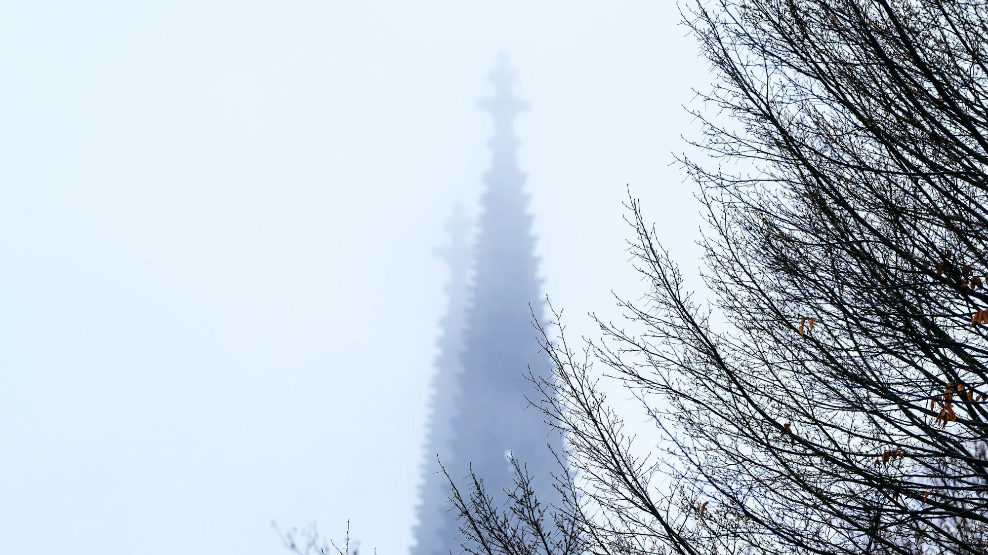 Die Spitzen des Kölner Doms verschwinden im Nebel.