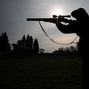 Eine Jägerin steht mit ihrer Bockbüchsflinte auf einer Wiese. (Symbolbild)