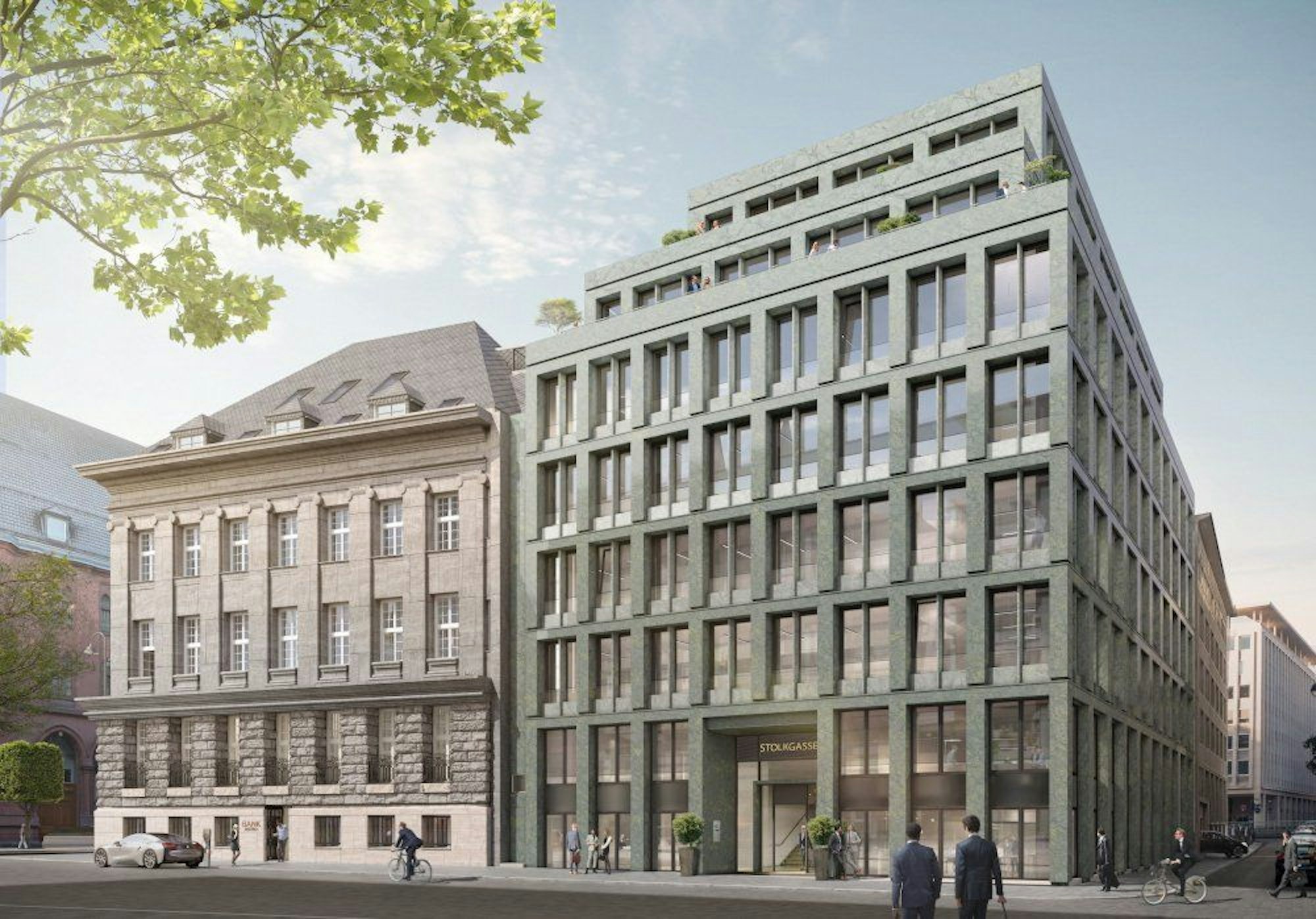 Die Visualisierung zeigt, wie das Ensemble „SACHS“ eines Tages aussehen soll: Links der denkmalgeschützte Bankenbau von Sal. Oppenheimer und rechts der Neubau.