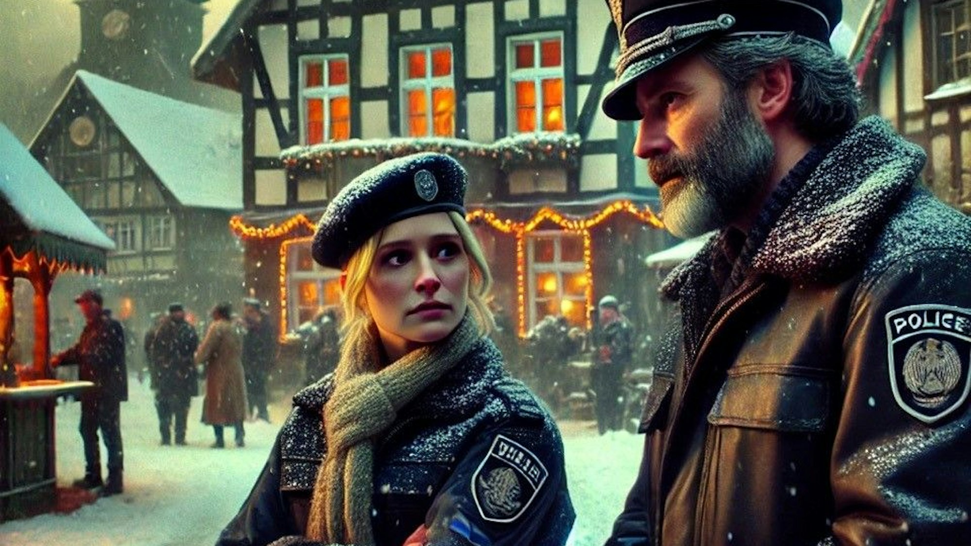 Eine KI-generierte Dorfszene. Ein Polizist und eine Polizistin stehen auf einem verschneiten Marktplatz.