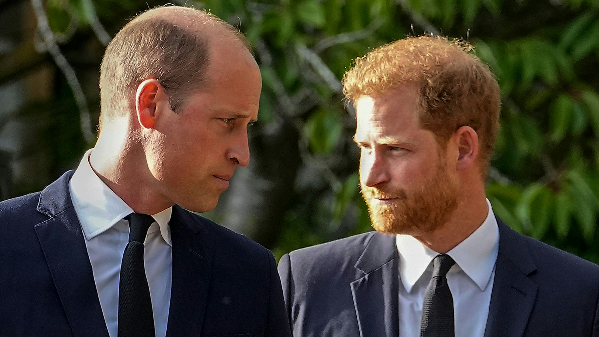William (l), Prinz von Wales, und Prinz Harry, Herzog von Sussex, gehen nebeneinander, nachdem sie die Blumendekoration für die verstorbene Königin Elizabeth II. vor dem Schloss Windsor besucht haben. (Archivbild)
