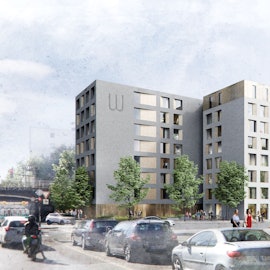 So soll das geplante Studierendenwohnheim am Bahnhof West aussehen. Der rechte Gebäudeteil soll jedoch etwas niedriger ausfallen
