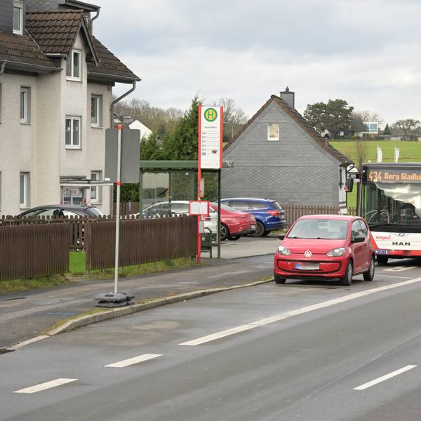 Ein Bus hält auf einem Seitenstreifen am Rande der Straße.