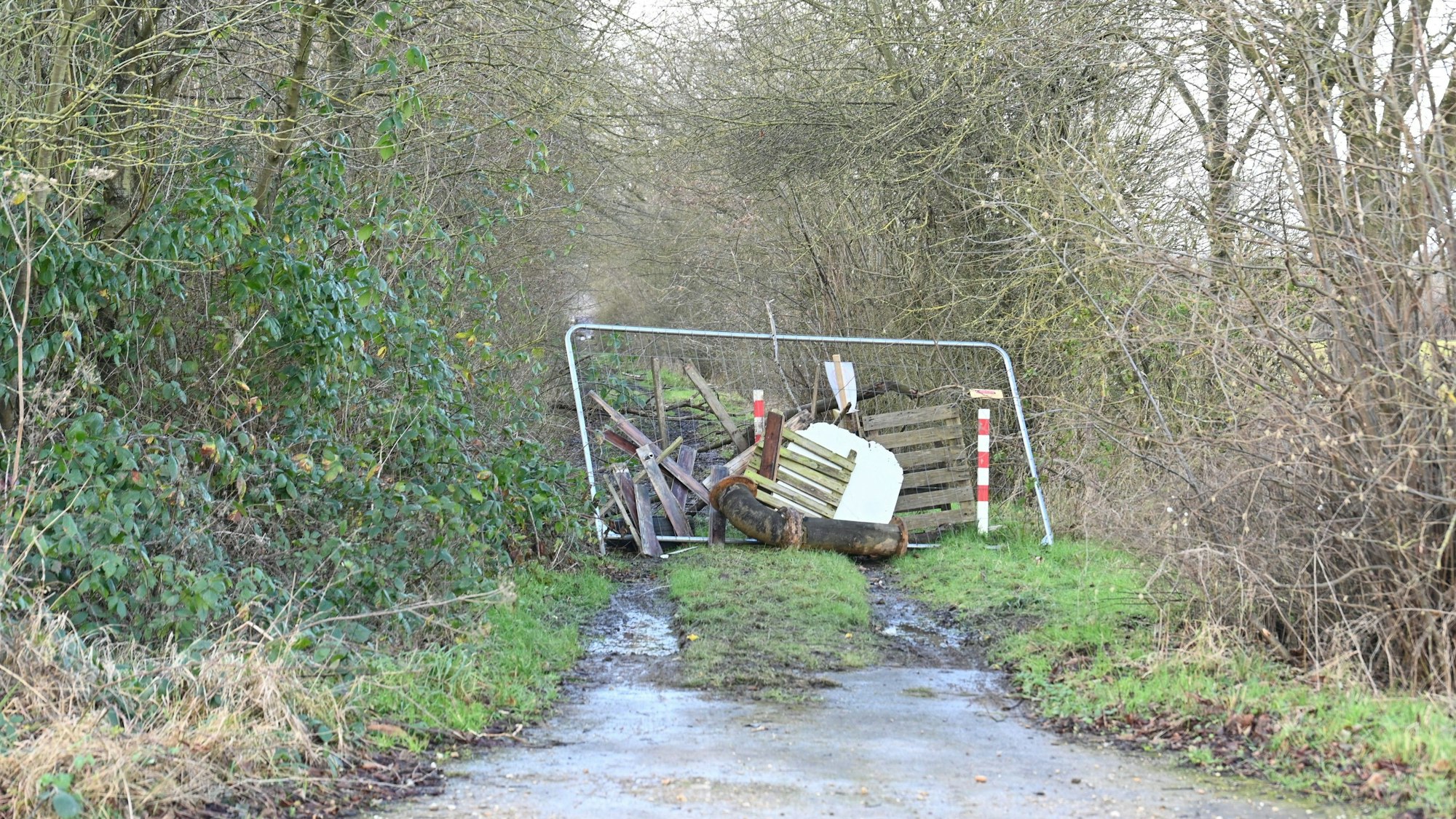 Das Foto zeigt eine Barrikade von Aktivisten am „Sündenwäldchen“ beim Tagebau Hambach.