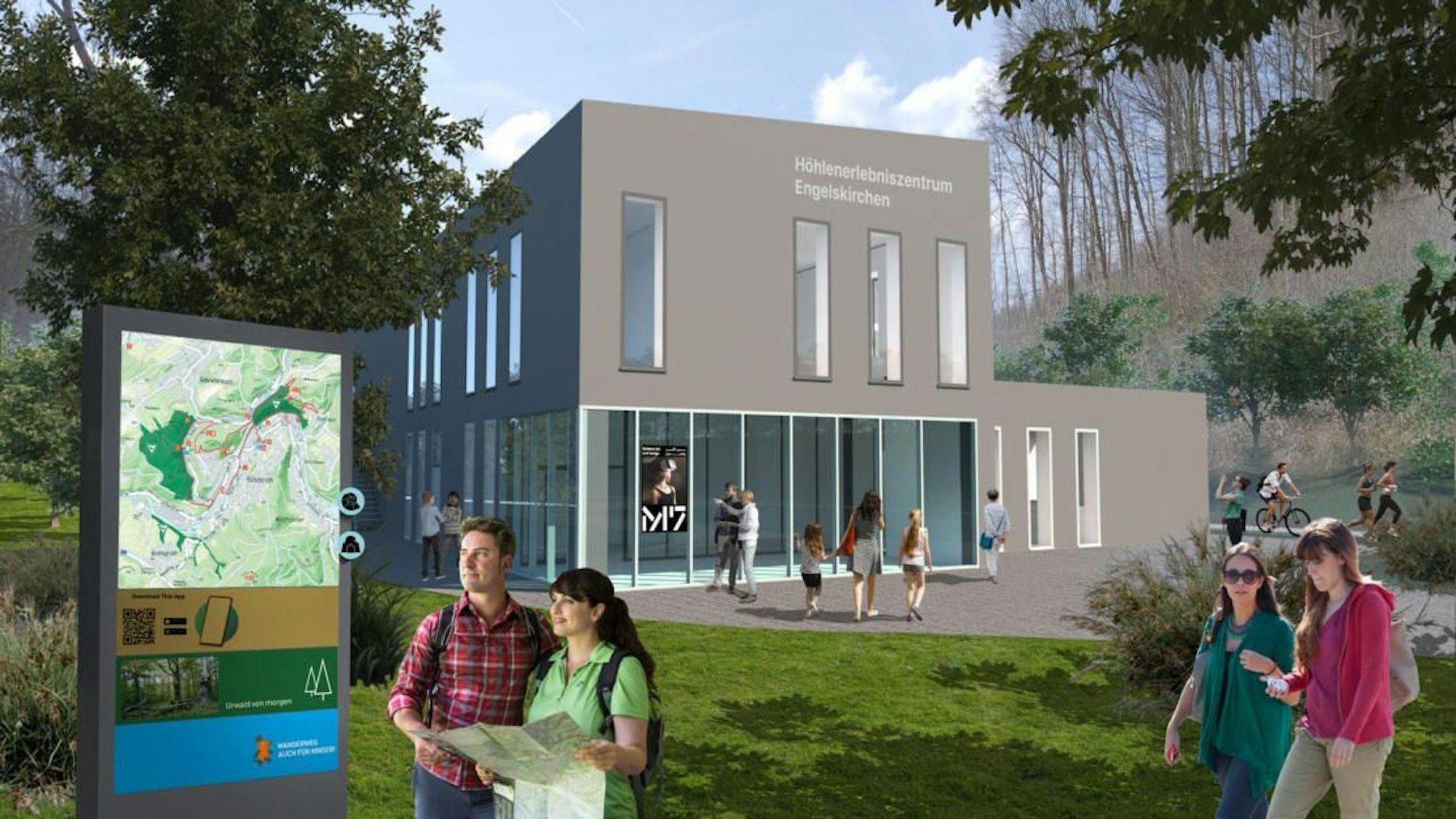 Entwürfe zum geplanten Höhlenerlebniszentrum Engelskirchen-Ründeroth des Planungsbüros Kunzberg. Die Visualisierungen zeigen Entwürfe zur Gestaltungs und zum Farbkonzept, der geplanten Ausstellungsorts.