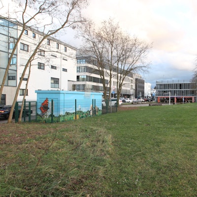 Eine Wiese an einer Bahnlinie, links stehen mehrgeschossige Wohnhäuser.