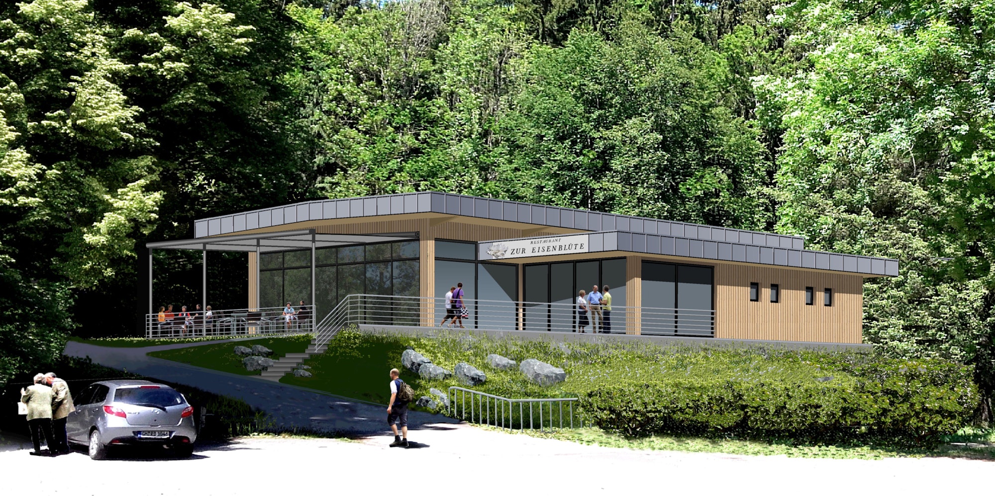 Entwürfe zur geplanten Gastronomie am Höhlenerlebniszentrum Engelskirchen-Ründeroth des Planungsbüros Rother. Die Visualisierungen zeigen Entwürfe zur Gestaltungs und zum Farbkonzept, des geplanten Restaurants "Zur Eisenblüte"