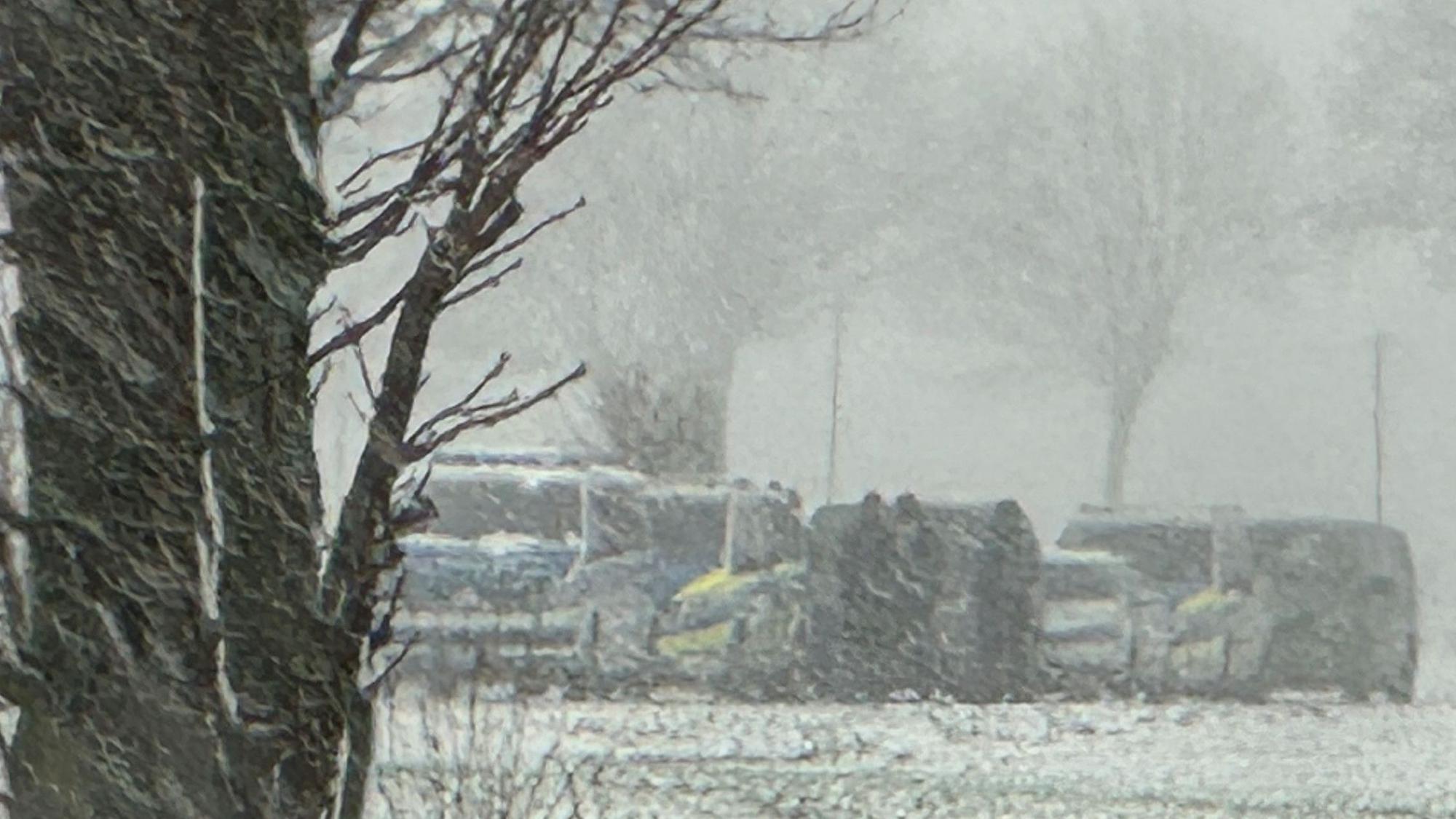 Das Bild zeigt mehrere Polizeifahrzeuge auf einem Feldweg