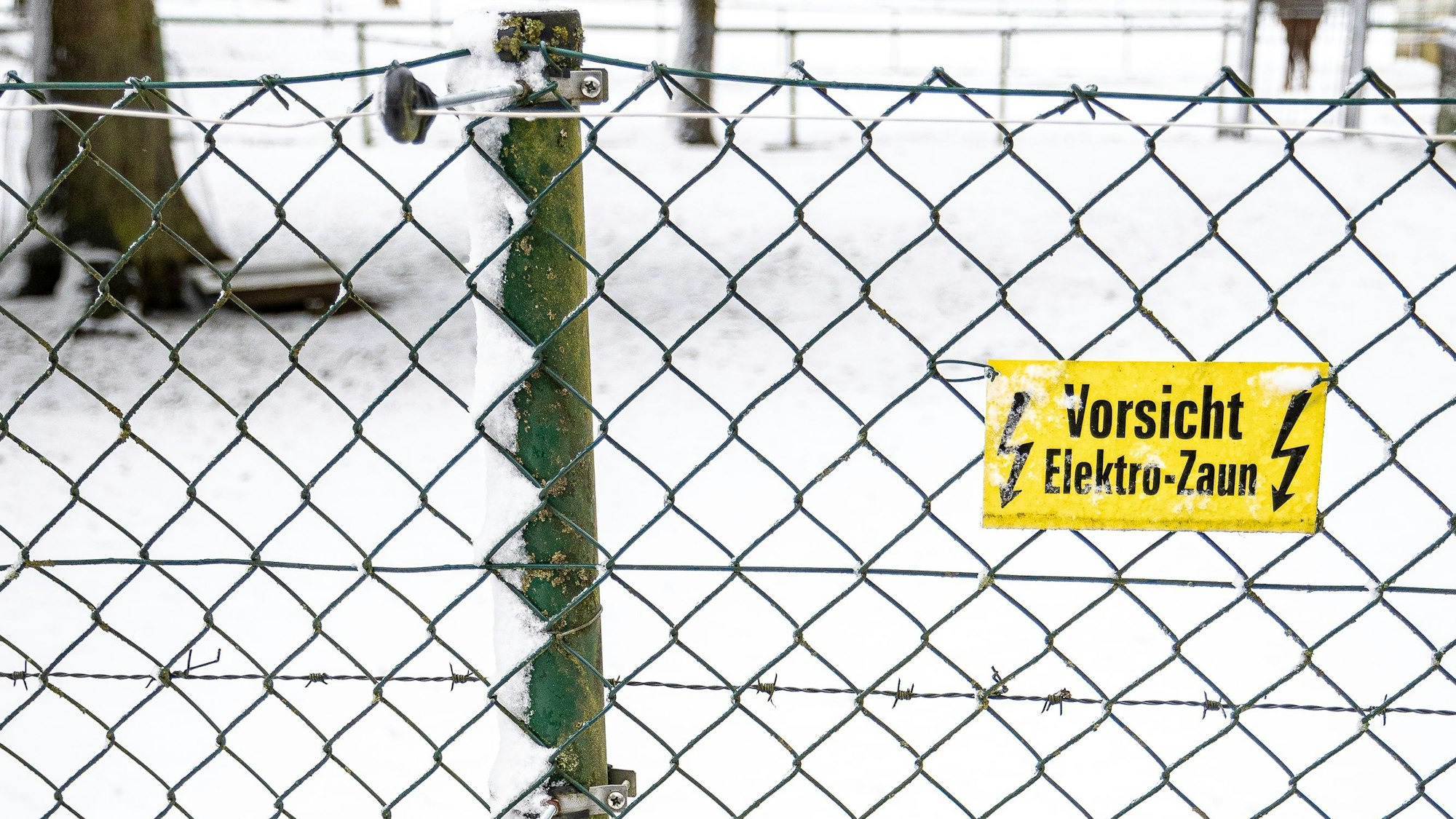 Ein Schild warnt Passanten davor, dass der Zaun des Geheges Strom führt.