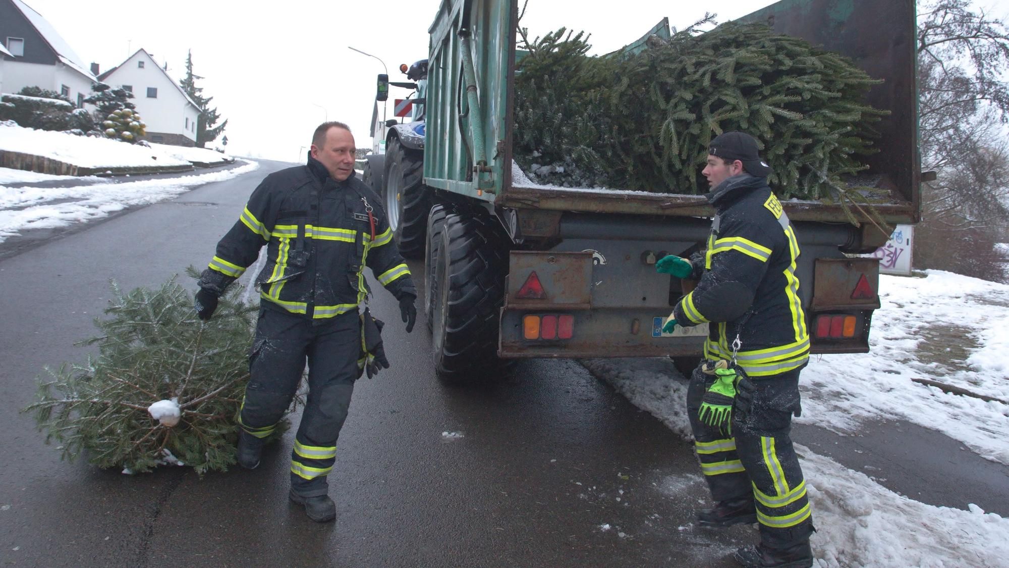 Das Foto zeigt zwei Feuerwehrmänner, die ausgediente Weinachtsbäume auf einen Anhänger laden.