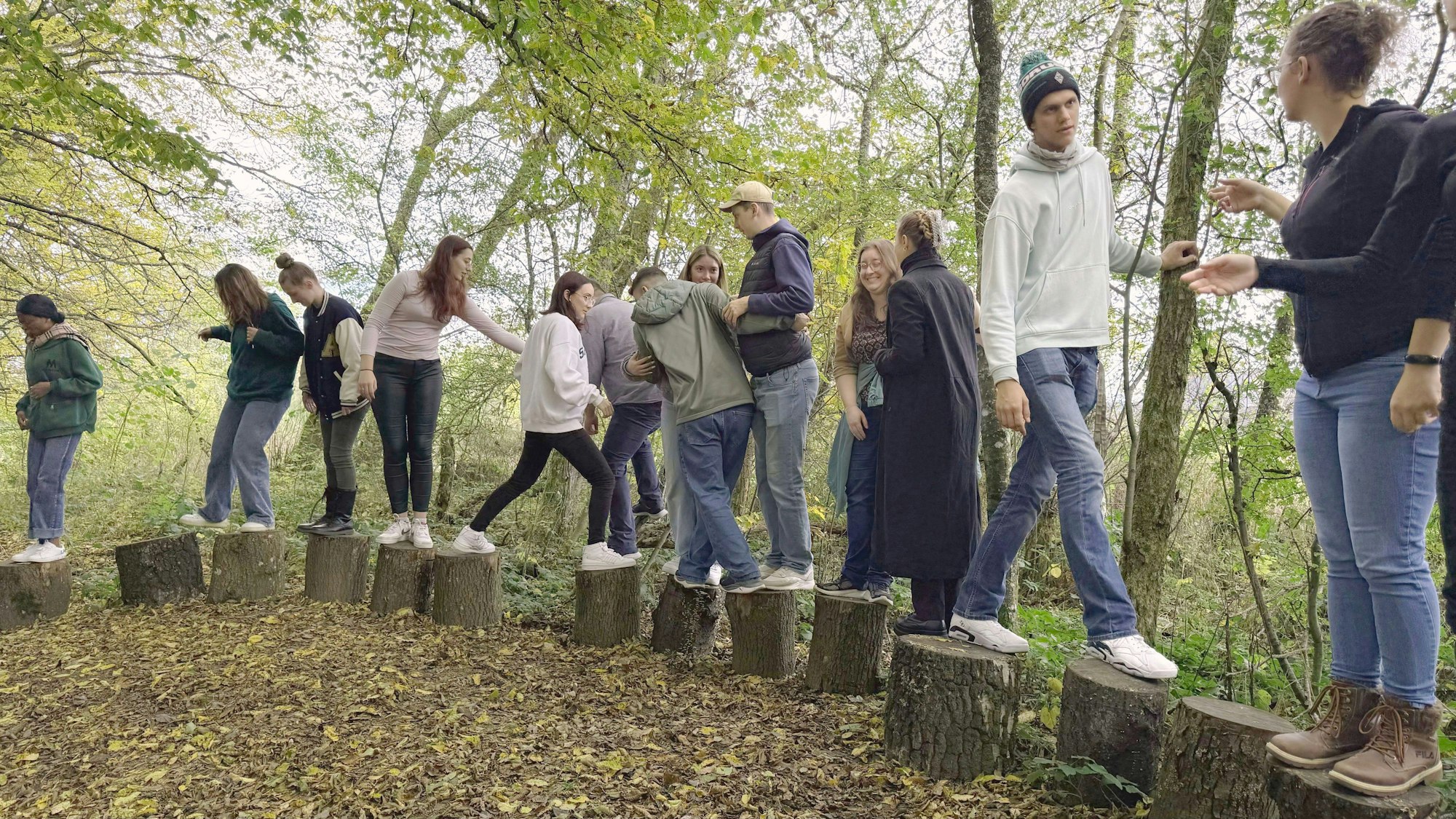Eine größere Gruppe von Jugendlichen balanciert in einem Laubwald auf Holzklötzen.