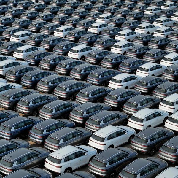 (FILES) This photo taken on April 18, 2024 shows BYD electric cars for export waiting to be loaded onto a ship at a port in Yantai, in eastern China's Shandong province.
