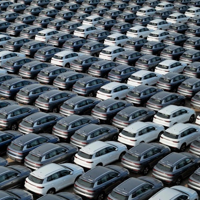 (FILES) This photo taken on April 18, 2024 shows BYD electric cars for export waiting to be loaded onto a ship at a port in Yantai, in eastern China's Shandong province.
