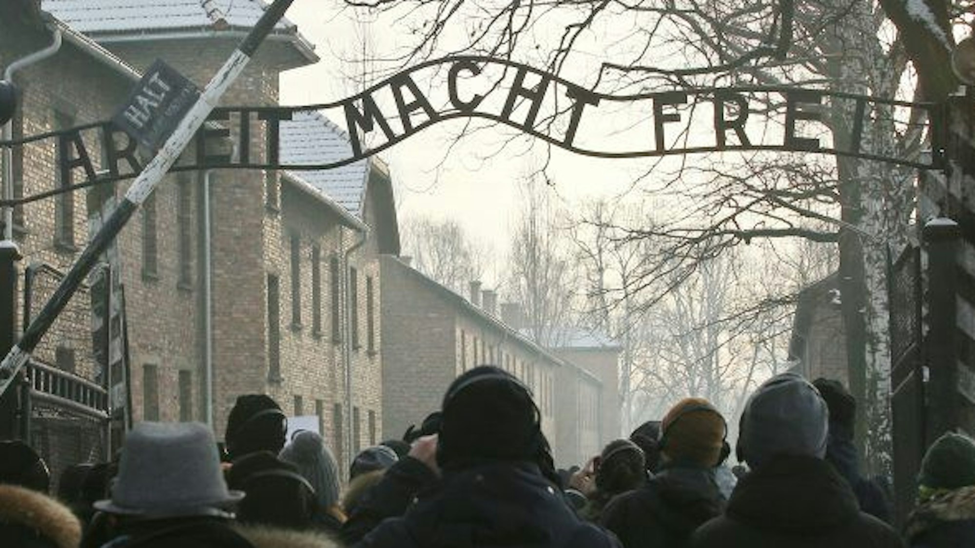 Menschen stehen vor dem Auschwitz-Haupttor mit dem Schriftzug „Arbeit macht frei“.