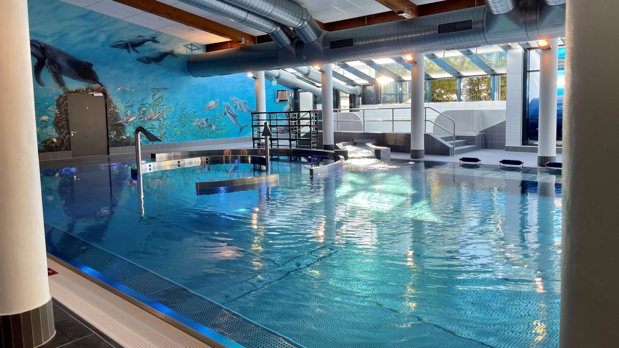 Blick auf eine Hallenschwimmbad-Becken.