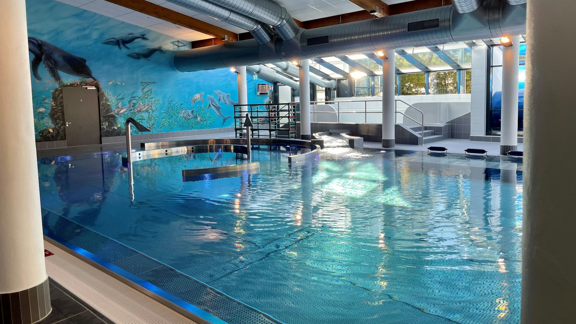 Blick auf eine Hallenschwimmbad-Becken.