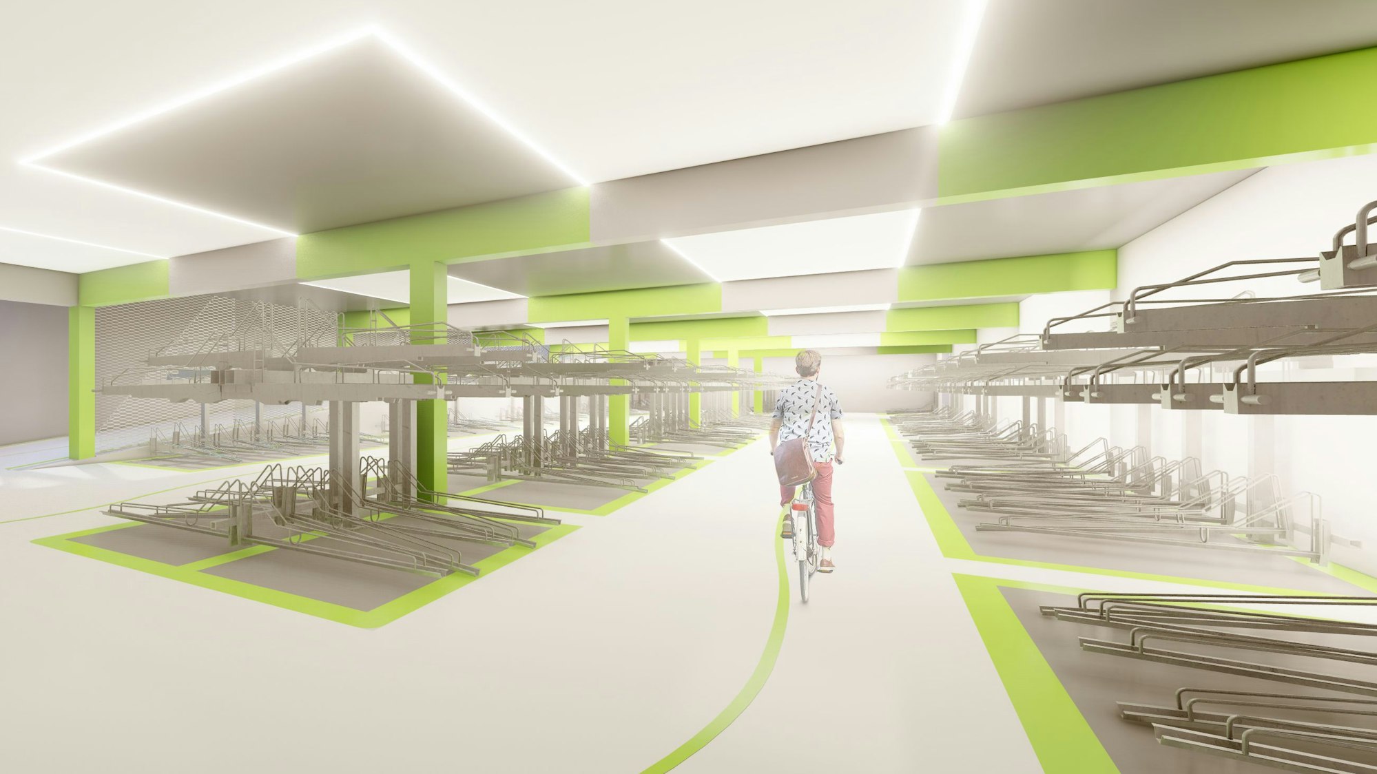 Eine Visualisierung des Architektenbüros der Fahrradgarage mit Doppelstock-Fahrradständern.