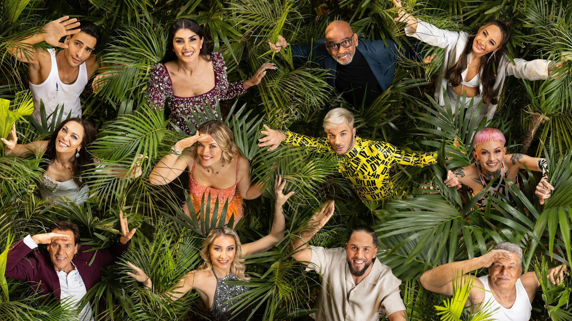V.l.n.r.: Timur Ülker, Yeliz Koc, Pierre Sanoussi-Bliss, Alessia Herren, Lilly Becker, Nina Bott, Sam Dylan, Edith Stehfest, Jörg Dahlmann, Anna-Carina Woitschack, Maurice Dziwak und Jürgen Hingsen sind 2025 bei „Ich bin ein Star – Holt mich hier raus!“ dabei.