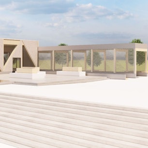 Eine Visualisierung des Architektenbüros für die Radstation mit der Treppenanlage des Hennefer Place Le Pecq im Vordergrund.