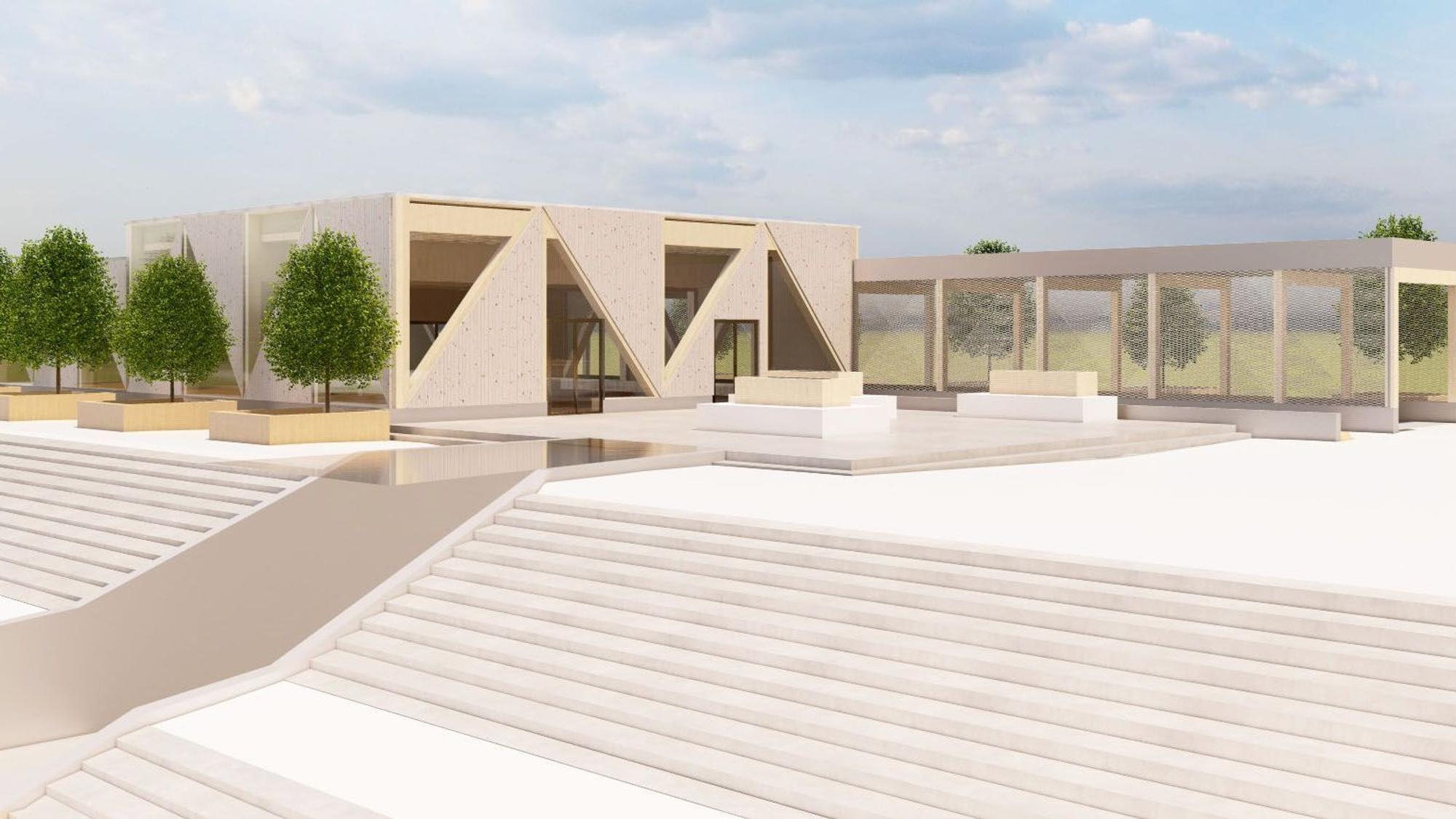 Eine Visualisierung des Architektenbüros für die Radstation mit der Treppenanlage des Hennefer Place Le Pecq im Vordergrund.