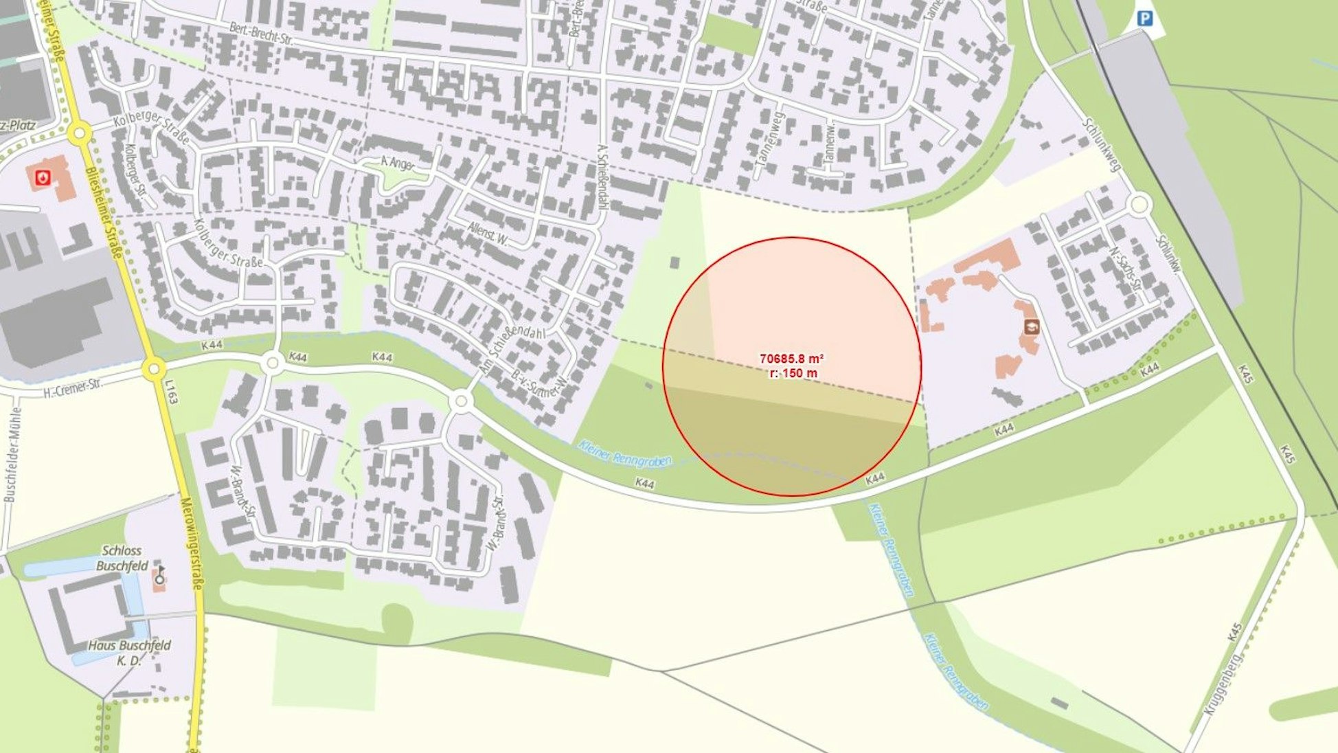 Zu sehen ist eine Karte mit einem eingezeichneten Radius.