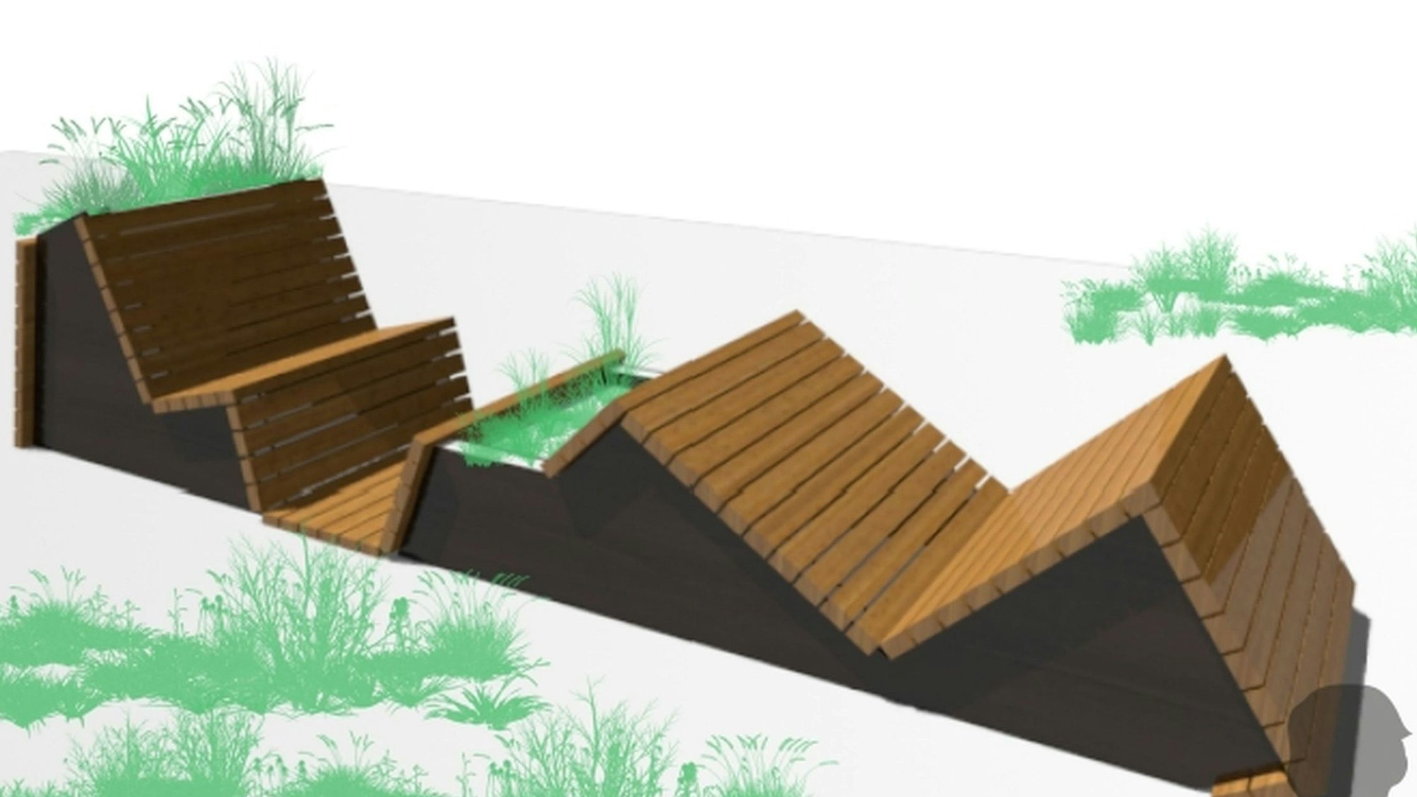 Entwurf einer Holzkonstruktion mit schrägen Flächen zum Sitzen und Liegen und zwei Pflanzkästen.