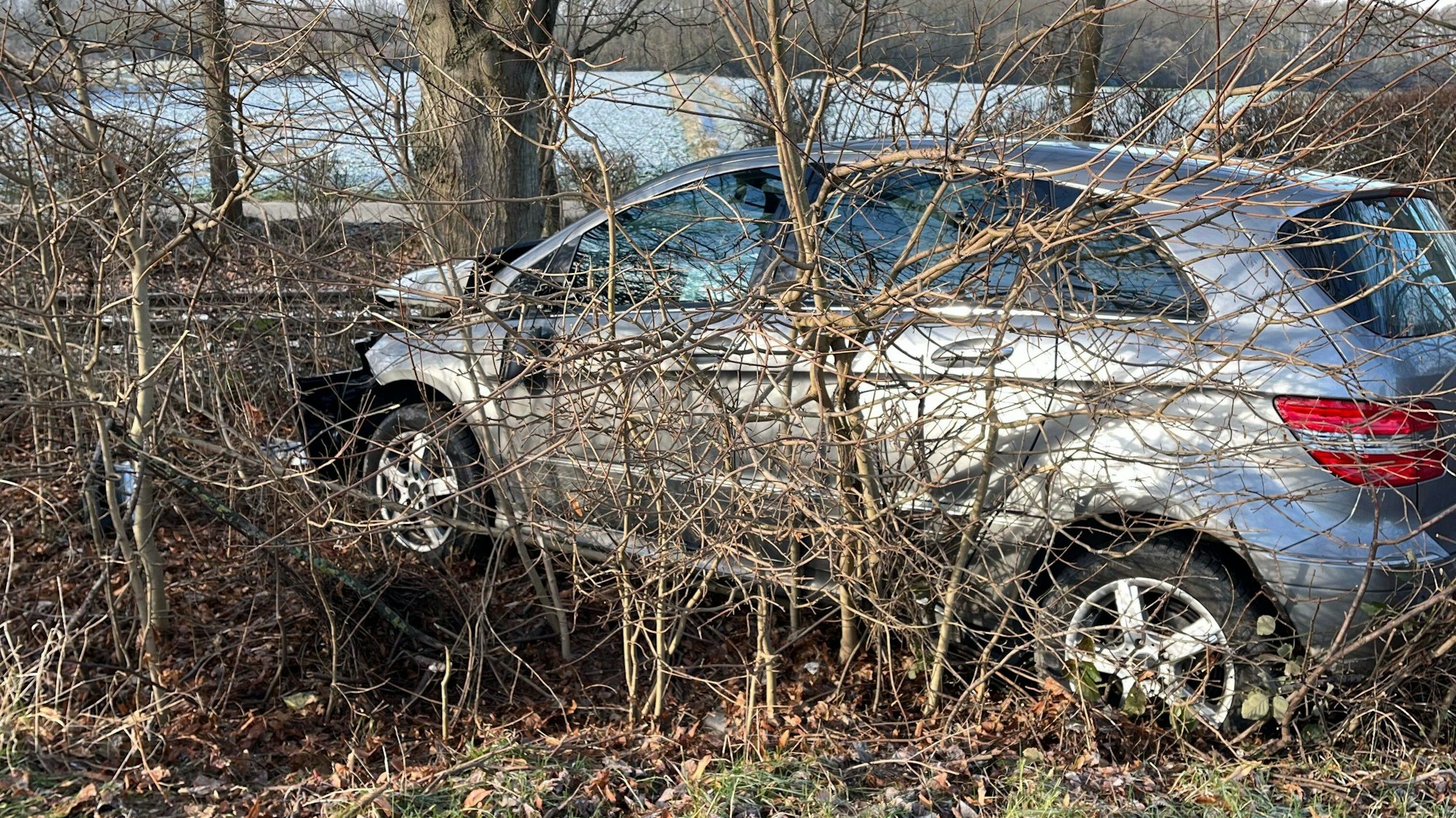 Ein Auto steht nach einem Unfall vor einem Baum..
