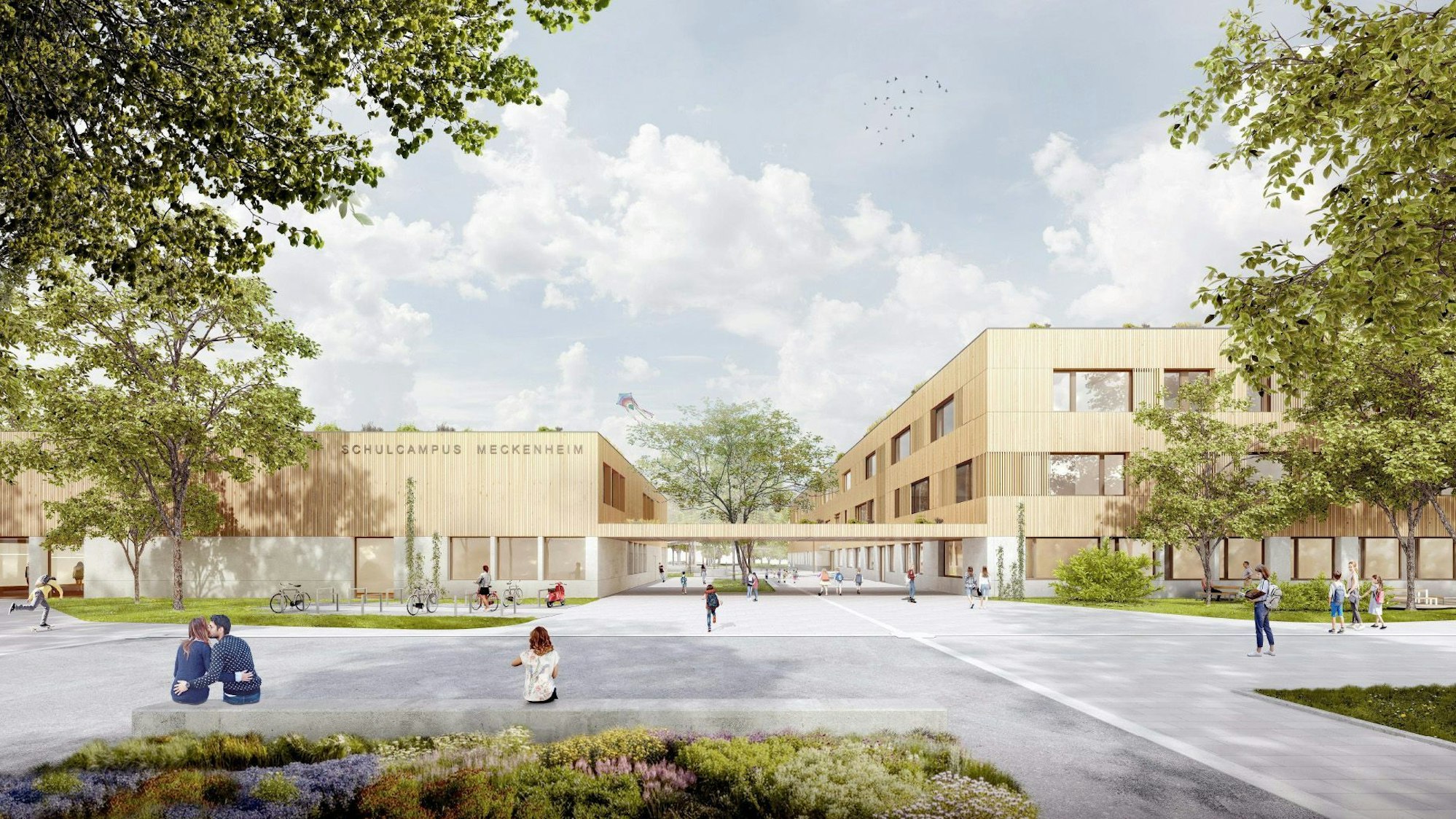 Eine Visualisierung des neuen Schulcampus Meckenheim zeigt den Eingangsbereich.