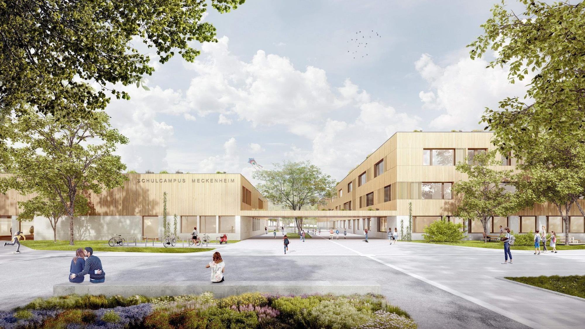 Eine Visualisierung des neuen Schulcampus Meckenheim zeigt den Eingangsbereich.
