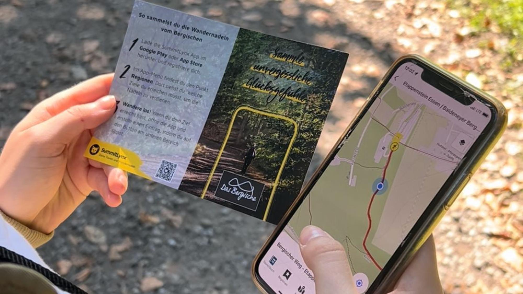 Mit der App „SummitLynx“ können Nutzer die Etappen des Bergischen Wegs, die sie wandern, digital erfassen und sich so die Wandernadel in Bronze, Silber oder Gold erwandern.