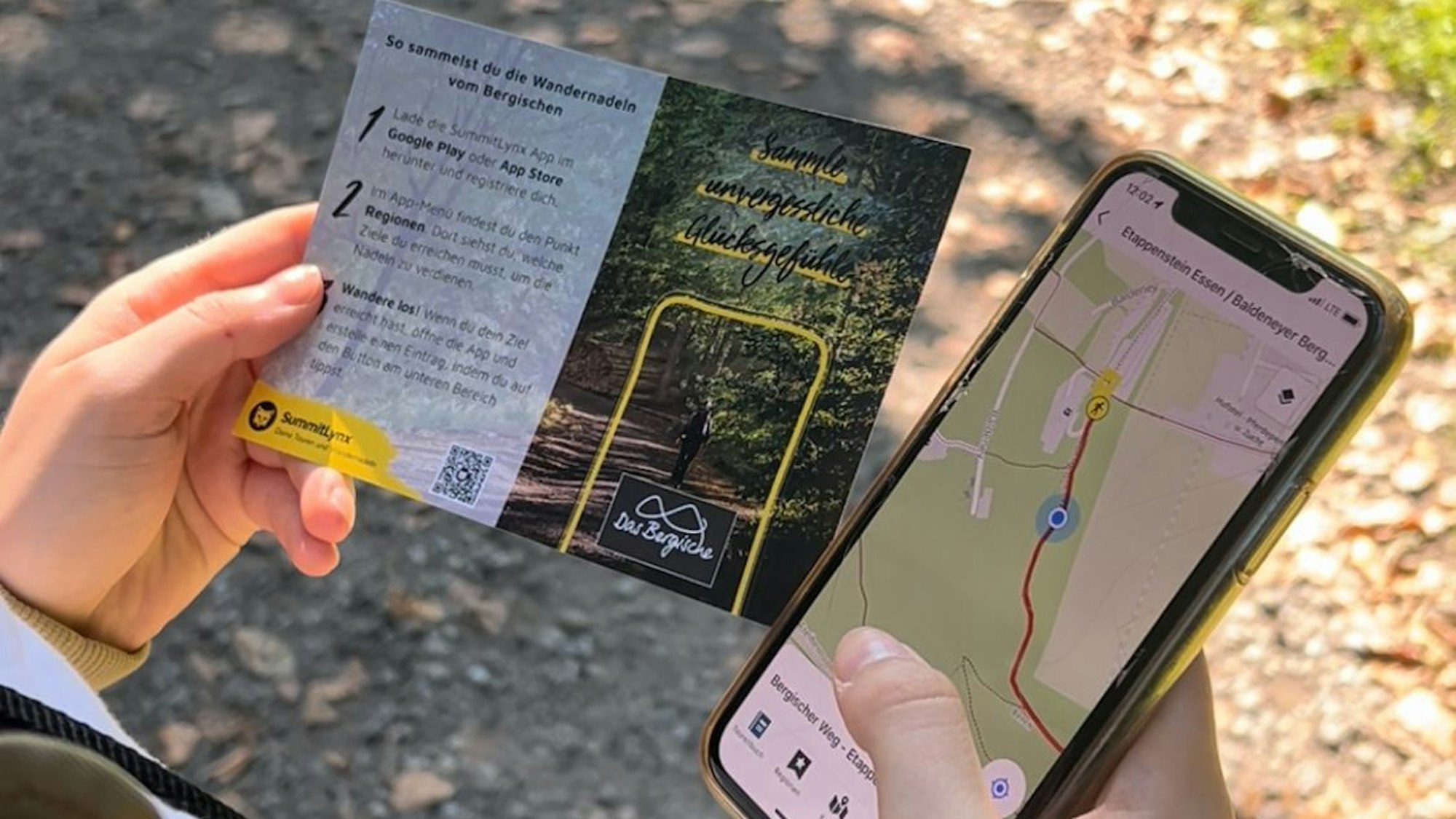 Mit der App „SummitLynx“ können Nutzer die Etappen des Bergischen Wegs, die sie wandern, digital erfassen und sich so die Wandernadel in Bronze, Silber oder Gold erwandern.